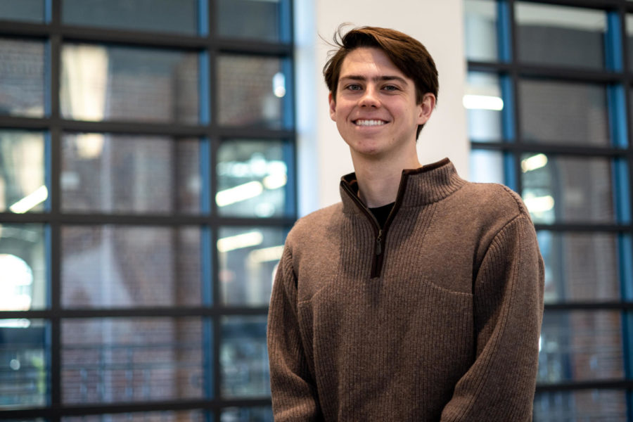 Johnny Kirkpatrick, a junior majoring in chemical engineering at the University of Kentucky, poses for a portrait on Tuesday, Feb. 21, 2023, at Gatton Student Center in Lexington, Kentucky. Photo by Carter Skaggs | Staff
