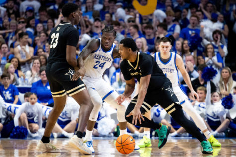 Kentucky Wildcats forward Chris Livingston (24) on defense against the Commodores during the No. 23 Kentucky vs. Vanderbilt mens basketball game on Wednesday, March 1, 2023, at Rupp Arena in Lexington, Kentucky. Photo by Jack Weaver | Staff