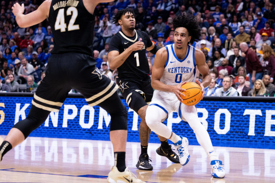 Kentucky+Wildcats+forward+Jacob+Toppin+%280%29+drives+the+ball+during+the+No.+3+Kentucky+vs.+No.+6+Vanderbilt+mens+basketball+game+in+the+SEC+Tournament+quarterfinals+on+Friday%2C+March+10%2C+2023%2C+at+Bridgestone+Arena+in+Nashville%2C+Tennessee.+Photo+by+Jack+Weaver+%7C+Staff