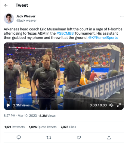 A video posted by Kentucky Kernel Photo Editor Jack Weaver appears to show Weavers phone being grabbed by a member of the Arkansas mens basketball coaching staff. 