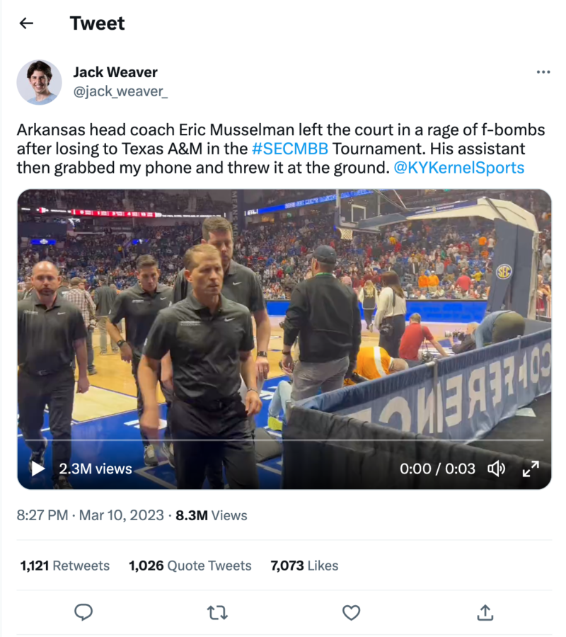 A+video+posted+by+Kentucky+Kernel+Photo+Editor+Jack+Weaver+appears+to+show+Weavers+phone+being+grabbed+by+a+member+of+the+Arkansas+mens+basketball+coaching+staff.+