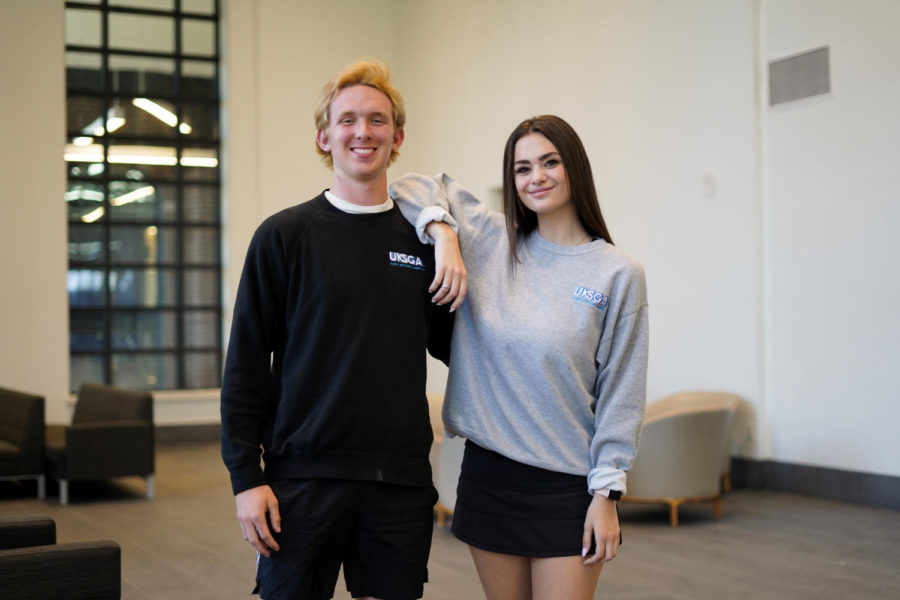 SGA President-elect Isaac Sutherland and Vice President-elect Mallory Hudson pose for a portrait on Monday, March 6, 2023, at the Gatton Student Center in Lexington, Kentucky. Photo by Carter Skaggs | Staff