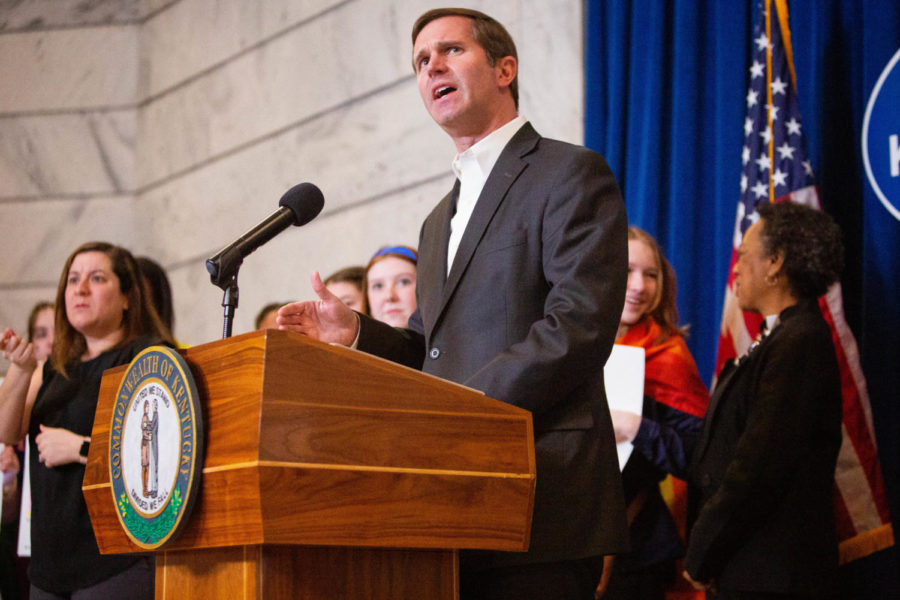 Kentucky Governor Andy Beshear gives a speech during the Kentucky Fairness Rally on Feb. 15, 2023, at the Kentucky State Capitol in Frankfort, Kentucky. Photo by Samuel Colmar | Staff