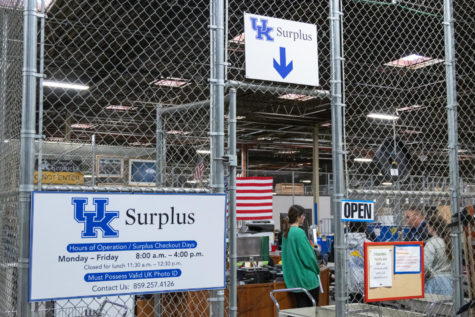 Kentucky Kernel reporters speak to chief procurement officer Barry Swanson and assistant director Jeff Carmickle on Tuesday, March 7, 2023, at the University of Kentucky Surplus property in Lexington, Kentucky. Photo by Samuel Colmar | Staff