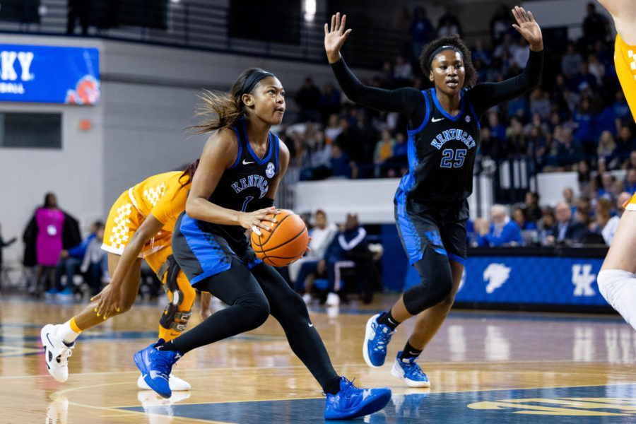 Kentucky Wildcats guard Robyn Benton (1) shoots the ball during the Kentucky vs. Tennessee womens basketball game on Sunday, Feb. 26, 2023, at Memorial Coliseum in Lexington, Kentucky. Tennessee won 83-63. Photo by Olivia Hall | Staff