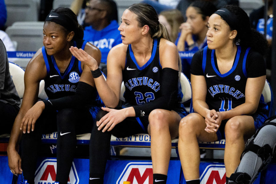 Kentucky Wildcats guards Robyn Benton (1), Maddie Scherr (22) and Jada Walker (11) sit on the bench during the Kentucky vs. Tennessee womens basketball game on Sunday, Feb. 26, 2023, at Memorial Coliseum in Lexington, Kentucky. Tennessee won 83-63. Photo by Olivia Hall | Staff