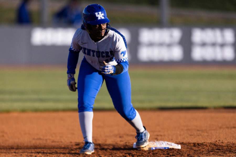 Kentucky Wildcats outfielder Rylea Smith (19) prepares to lead off from second base during the No. 16 Kentucky vs. Louisville softball game on Wednesday, March 29, 2023, at John Cropp Stadium in Lexington, Kentucky. Kentucky won 7-4. Photo by Jack Weaver | Staff