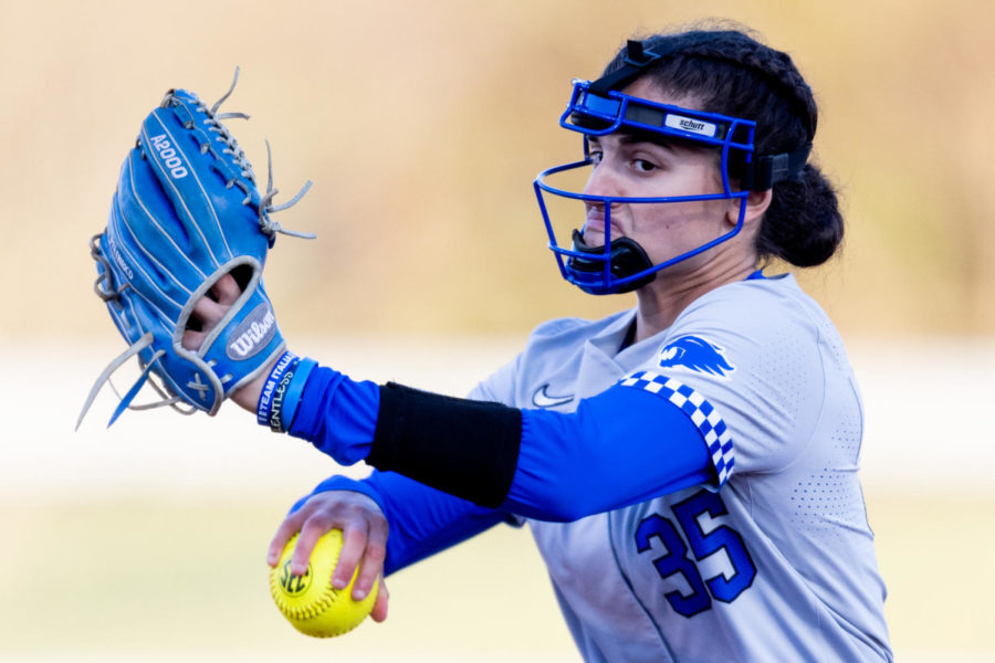 Kentucky Wildcats pitcher Alecia Lacatena (35) pitches the ball during the No. 16 Kentucky vs. Louisville softball game on Wednesday, March 29, 2023, at John Cropp Stadium in Lexington, Kentucky. Kentucky won 7-4. Photo by Jack Weaver | Staff