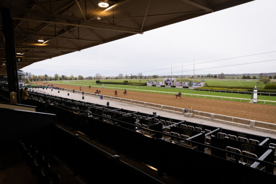 Horses exercise on the main track during morning training on the opening day of the Spring Meet on Friday, April 7, 2023, at Keeneland in Lexington, Kentucky. Photo by Jack Weaver | Staff