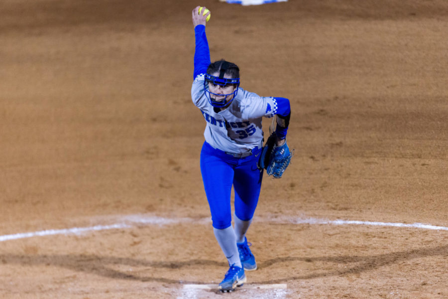 Kentucky Wildcats pitcher Alecia Lacatena (35) pitches the ball during the No. 16 Kentucky vs. Louisville softball game on Wednesday, March 29, 2023, at John Cropp Stadium in Lexington, Kentucky. Kentucky won 7-4. Photo by Olivia Hall | Staff