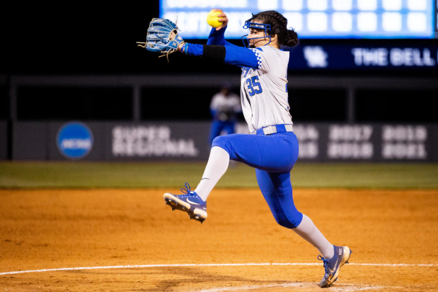 Kentucky Wildcats pitcher Alecia Lacatena (35) pitches the ball during the No. 16 Kentucky vs. Louisville softball game on Wednesday, March 29, 2023, at John Cropp Stadium in Lexington, Kentucky. Kentucky won 7-4. Photo by Jack Weaver | Staff