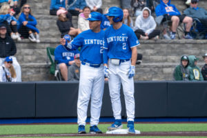Kentucky Wildcats head coach Nick Mingione and infielder Jase Felker (2) stand at third base during the No. 18 Kentucky vs. No. 25 Missouri baseball game on Saturday, April 1, 2023, at Kentucky Proud Park in Lexington, Kentucky. Kentucky won 10-0. Photo by Travis Fannon | Staff