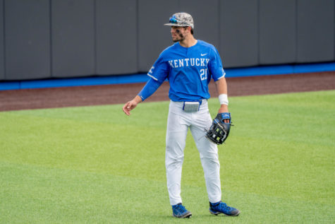 Kentucky Wildcats outfielder Ryan Waldschmidt (21) stands in the outfield during the No. 18 Kentucky vs. No. 25 Missouri baseball game on Saturday, April 1, 2023, at Kentucky Proud Park in Lexington, Kentucky. Kentucky won 10-0. Photo by Travis Fannon | Staff