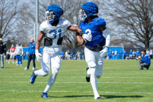 Kentucky Wildcats defensive back Maxwell Hairston (31) guards wide receiver Dekel Crowdus (3) during the Kentucky Football Spring Practice on Saturday, April 1, 2023, at the Joe Craft Center in Lexington, Kentucky. Photo by Travis Fannon | Staff