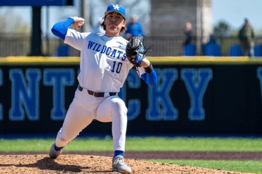 Kentucky Wildcats pitcher Seth Chavez (10) pitches the ball during the No. 18 Kentucky vs. No. 25 Missouri baseball game on Saturday, April 2, 2022, at Kentucky Proud Park in Lexington, Kentucky. Kentucky won 3-1. Photo by Travis Fannon | Staff