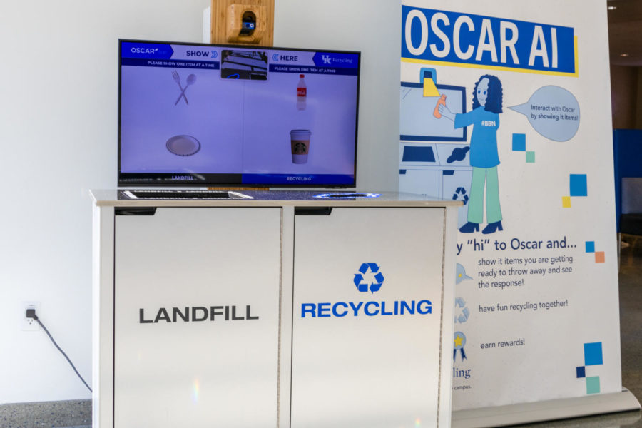 Oscar Sort, an artificial intelligence waste-sorting system from Intuitive AI, sits on Tuesday, April 11, 2023, at the Gatton Student Center in Lexington, Kentucky. Photo by Travis Fannon | Staff