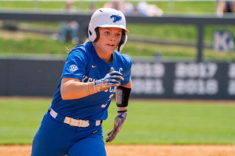 Kentucky Wildcats utility player Karissa Hamilton (2) rounds second base heading for third during the No. 16 Kentucky vs. No. 6 Tennessee softball game on Saturday, April 15, 2023, at John Cropp Stadium in Lexington, Kentucky. Kentucky lost 10-2. Photo by Travis Fannon | Staff