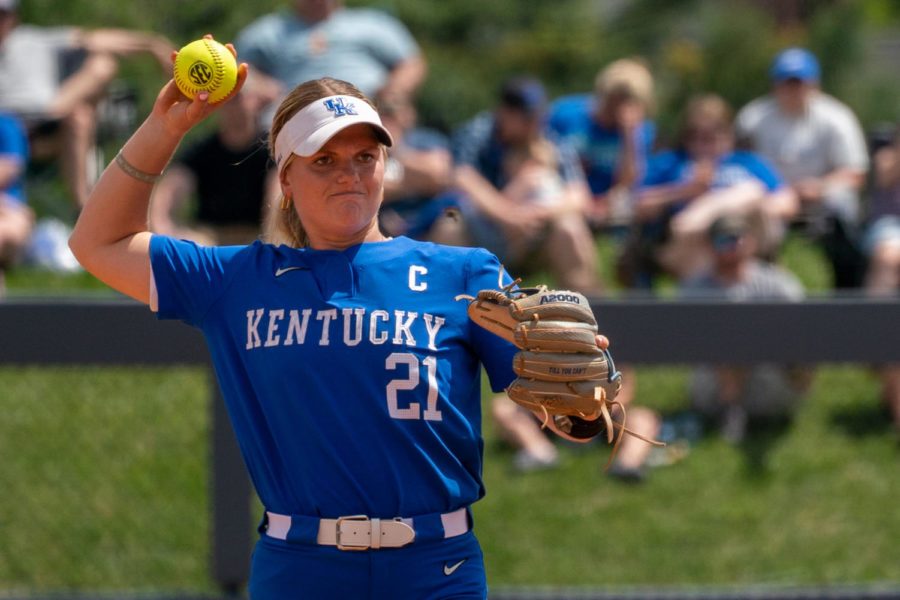 Kentucky Wildcats infielder Erin Coffel (21) throws the ball during the No. 16 Kentucky vs. No. 6 Tennessee softball game on Saturday, April 15, 2023, at John Cropp Stadium in Lexington, Kentucky. Kentucky lost 10-2. Photo by Travis Fannon | Staff