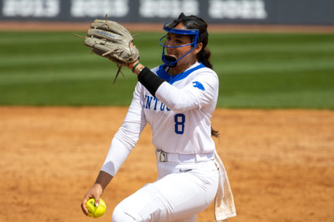 Kentucky Wildcats pitcher Kennedy Sullivan (8) pitches the ball during the No. 16 Kentucky vs. No. 6 Tennessee softball game on Sunday, April 16, 2023, at John Cropp Stadium in Lexington, Kentucky. Kentucky lost 15-1. Photo by Travis Fannon | Staff