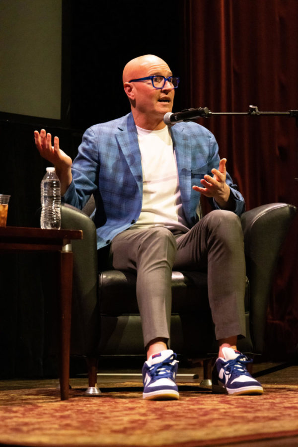 Former NBA player and Kentucky basketball player Rex Chapman speaks during SpeakBlue with Rex Chapman on Wednesday, March 29, 2023, at the Singletary Center for the Arts in Lexington, Kentucky. Photo by Brady Saylor | Staff
