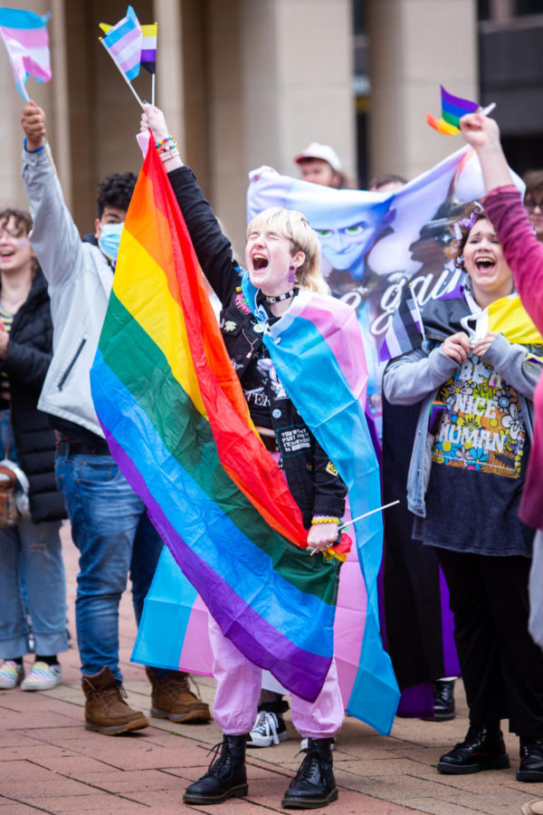 A demonstrator reacts to a speech during the Queer Youth Visibility March on Friday, March 31, 2023, in downtown Lexington in Lexington, Kentucky. Photo by Samuel Colmar | Staff