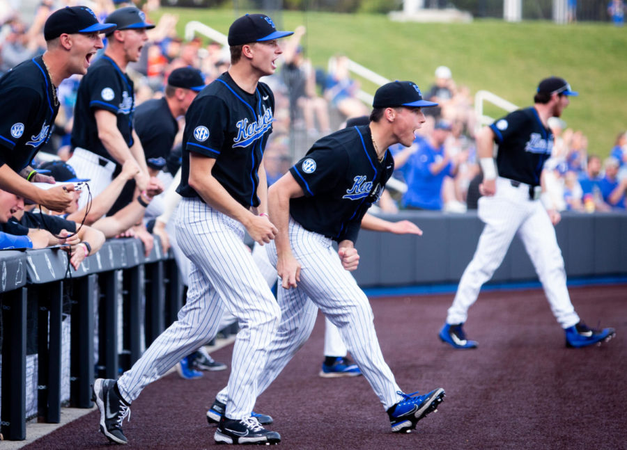 Kentucky+players+cheer+after+an+inning+during+the+No.10+Kentucky+vs.+Dayton+baseball+game+on+Tuesday%2C+April+4%2C+2023%2C+in+downtown+Lexington+in+Lexington%2C+Kentucky.+Photo+by+Samuel+Colmar+%7C+Staff