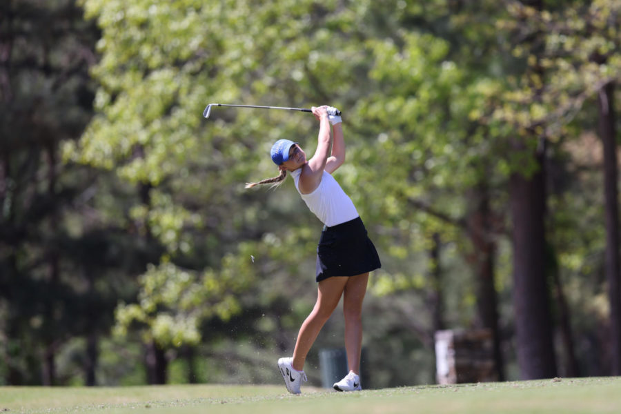Kentucky Wildcats womens golfer Laney Frye swings a wedge during the first round of the SEC Championships at Greystone Golf and Country Club in Birmingham, Alabama, on April 12, 2023. | Photo provided by UK Athletics.