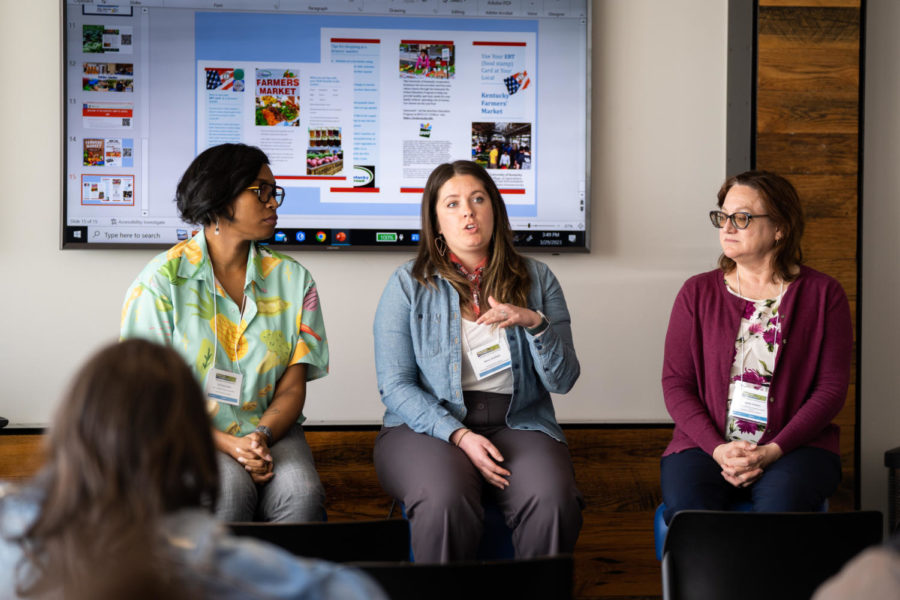 Speakers at the Kentucky Local Food Systems Summit speak during a seminar on Wednesday, March 29, 2023, at Kroger Field in Lexington, Kentucky. Photo by Carter Skaggs | Staff