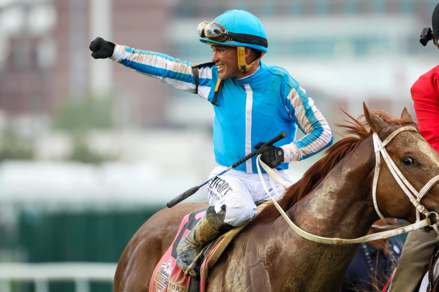 ‘Mage’ Jockey Javier Castellano celebrates after winning the 149th Kentucky Derby on Saturday, May 6, 2023, in Churchill Downs in Louisville, Kentucky. Photo by Samuel Colmar | Staff