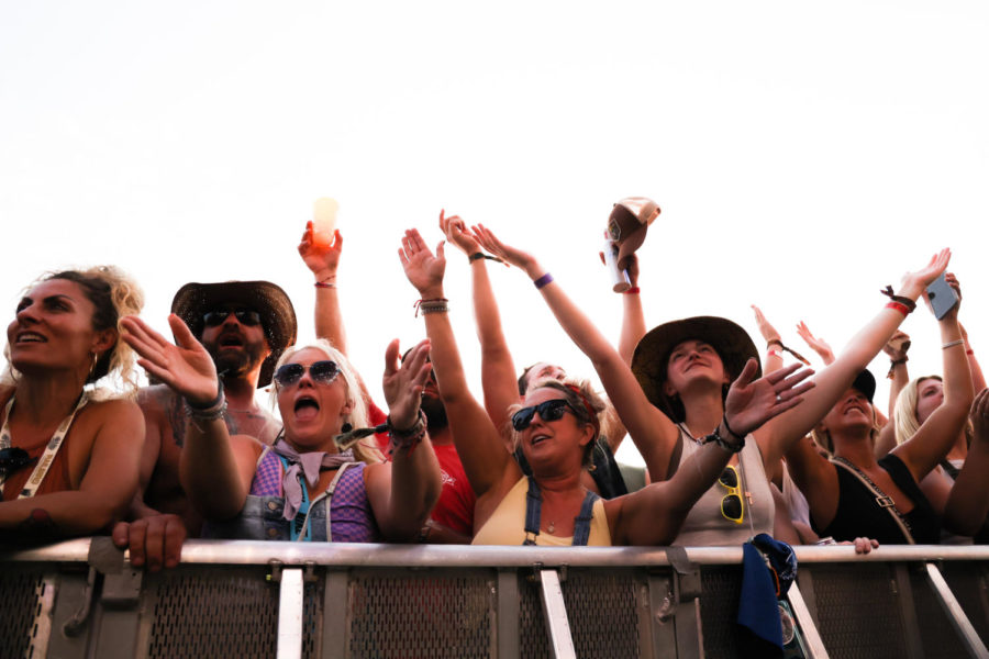 Fans cheer for Weezer on Saturday, June 3, 2023, during the Railbird music festival at the Red Mile infield in Lexington, Kentucky. Photo by Abbey Cutrer | Staff