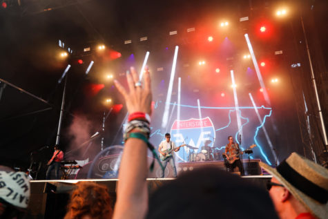 Weezer performs on Saturday, June 3, 2023, during the Railbird music festival at the Red Mile infield in Lexington, Kentucky. Photo by Abbey Cutrer | Staff