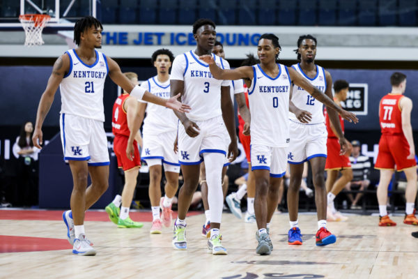 Kentucky Wildcats mens basketball players DJ Wagner, Adou Thiero, Justin Edwards, Tre Mitchell, Antonio Reeves and Robert Dillingham walk on the court during the Team USA vs. Team Germany basketball game in the 2023 GLOBL JAM tournament in Mattamy Athletic Centre in Toronto, Ontario, Canada. UK won 81-73. | Photo provided by Chet White, UK Athletics