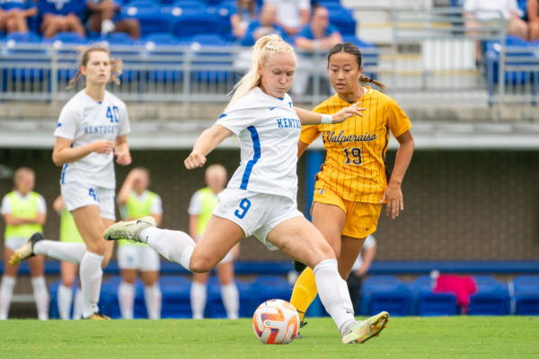 Kentucky Wildcats defender Maggy Henschler (9) kicks the ball during the Kentucky vs. Valparaiso womens soccer match on Sunday, Aug. 27, 2023, at the Wendell & Vickie Bell Soccer Complex in Lexington, Kentucky. Kentucky reached a 1-1 draw. Photo by Travis Fannon | Staff