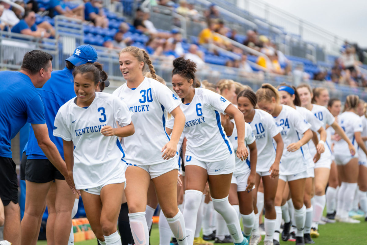 Kentucky players high-five their teammates before the Kentucky vs. Valparaiso womens soccer match on Sunday, Aug. 27, 2023, at the Wendell & Vickie Bell Soccer Complex in Lexington, Kentucky. Kentucky reached a 1-1 draw. Photo by Travis Fannon | Staff