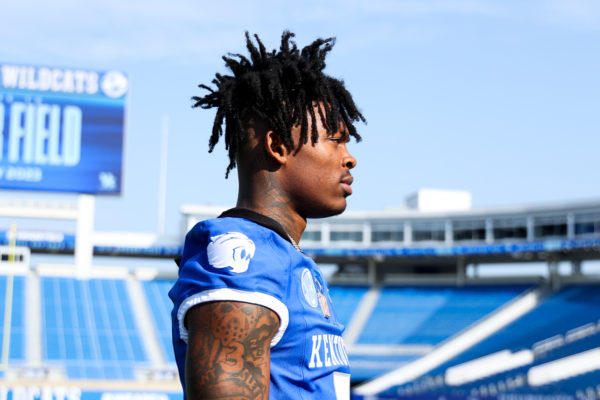 Kentucky Wildcats wide receiver Barion Brown (7) poses for a portrait during Media Day on Friday, Aug. 4, 2023, at Kroger Field in Lexington, Kentucky. Photo by Abbey Cutrer | Staff