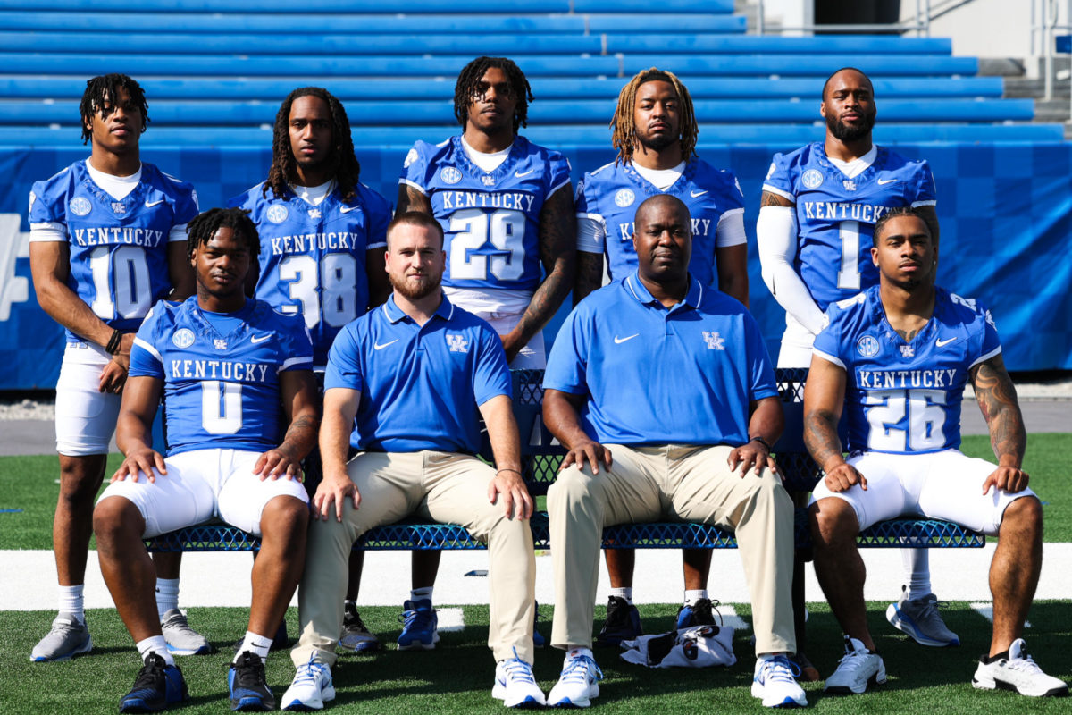 The Kentucky Wildcats running backs pose for a photo during Media Day on Friday, Aug. 4, 2023, at Kroger Field in Lexington, Kentucky. Photo by Abbey Cutrer | Staff