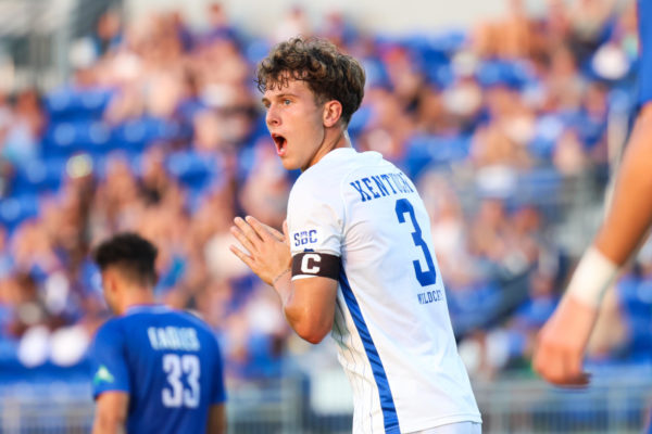 Kentucky Max Miller (3) looks at the referee during the Kentucky vs. FGCU mens soccer match on Thursday, Aug. 24, 2023, at the Wendell and Vickie Bell Soccer Complex in Lexington, Kentucky. Kentucky wins 3-0. Photo by Abbey Cutrer | Staff