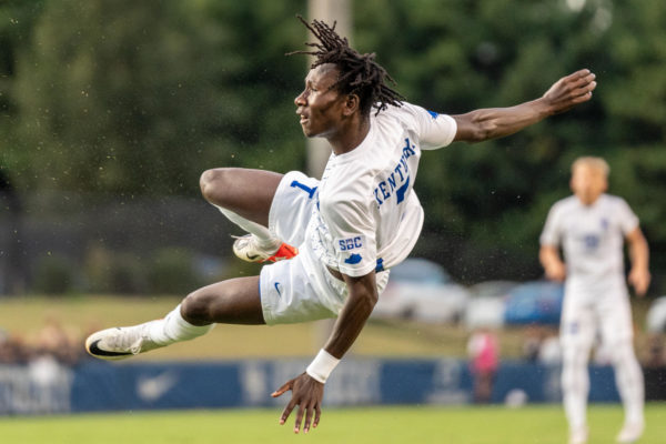 Kentucky Wildcats midfielder Alfred Baafi (7) kicks the ball midair during the Kentucky vs. Lipscomb mens soccer match on Friday, Sept. 9, 2023 at the Wendell and Vickie Bell Soccer Complex in Lexington, Kentucky. Kentucky won 3-2. Photo by Travis Fannon | Staff