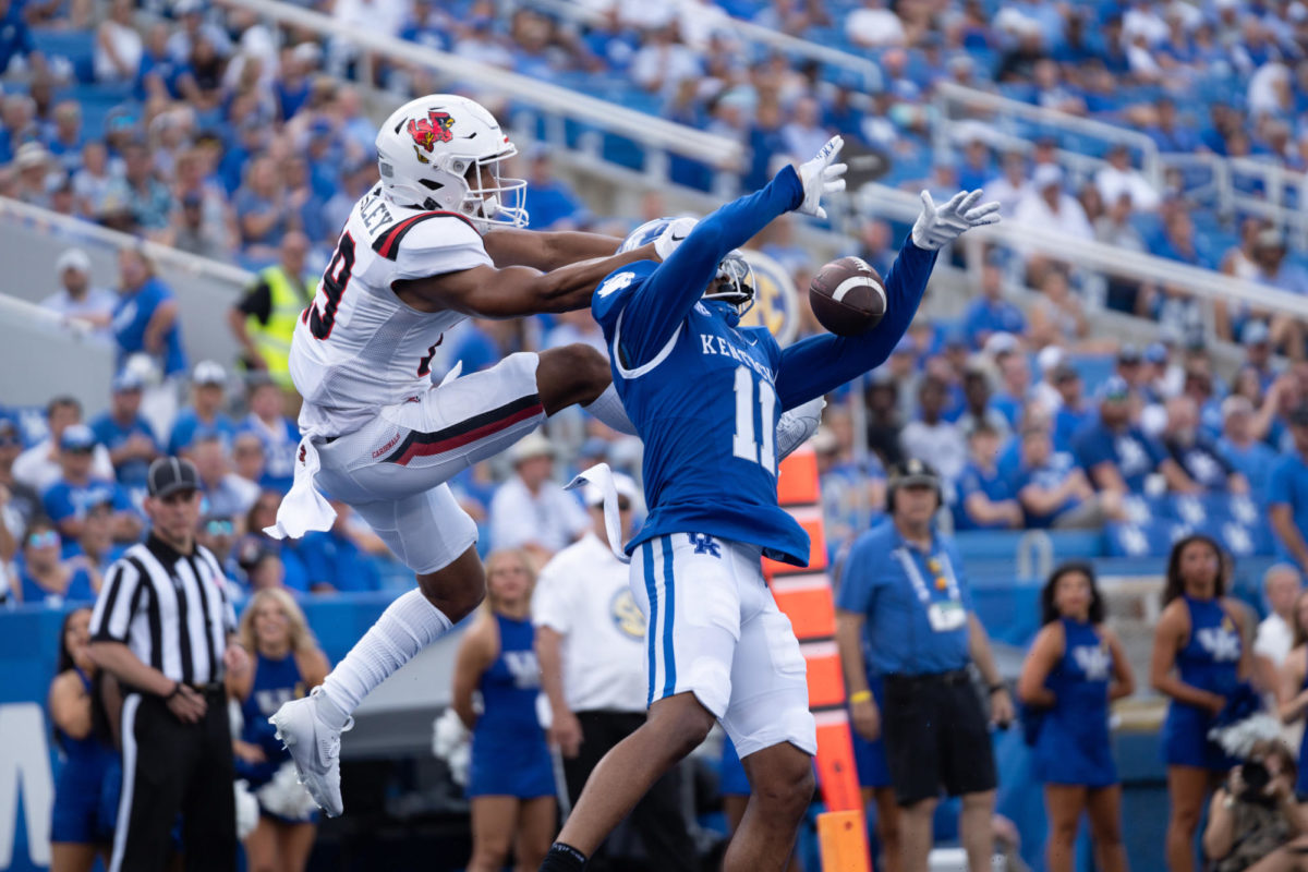 Kentucky Wildcats defensive back Zion Childress (11) intercepts the ball during the Kentucky vs. Ball State football game on Saturday, Sept. 2, 2023 at Kroger Field in Lexington, Kentucky. Kentucky won 44-14. Photo by Travis Fannon | Staff