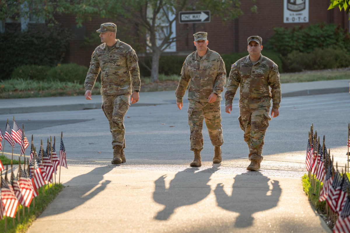 Members of the US Military walk to the podium during the 9/11 ceremony on Monday, Sept. 11, 2023 at the University of Kentucky in Lexington, Kentucky. Photo by Travis Fannon | Staff