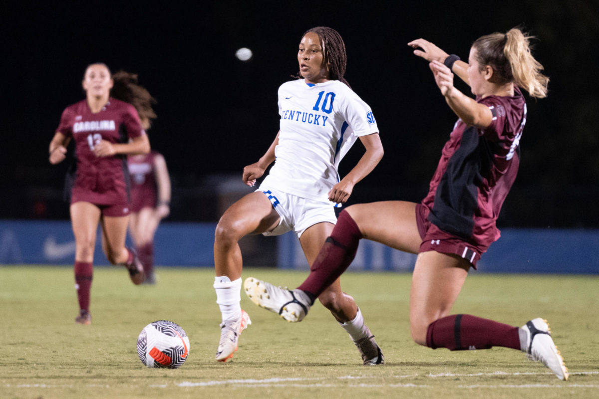 Kentucky midfielder Tanner Strickland dribbles the ball during the Kentucky vs. South Carolina womens soccer match on Thursday, Sept. 21, 2023, at the Wendell and Vickie Bell Soccer Complex in Lexington, Kentucky. Kentucky tied 0-0. Photo by Travis Fannon | Staff