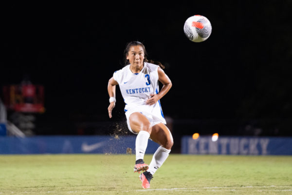 Kentucky midfielder Anna Young takes a penalty kick during the Kentucky vs. South Carolina womens soccer match on Thursday, Sept. 21, 2023, at the Wendell and Vickie Bell Soccer Complex in Lexington, Kentucky. Kentucky tied 0-0. Photo by Travis Fannon | Staff