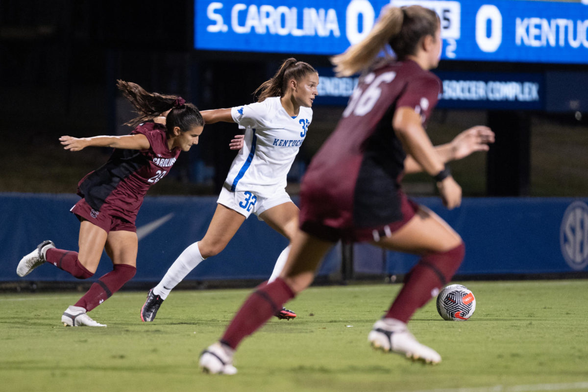 Kentucky defender Grace Hoytink dribbles the ball during the Kentucky vs. South Carolina womens soccer match on Thursday, Sept. 21, 2023, at the Wendell and Vickie Bell Soccer Complex in Lexington, Kentucky. Kentucky tied 0-0. Photo by Travis Fannon | Staff