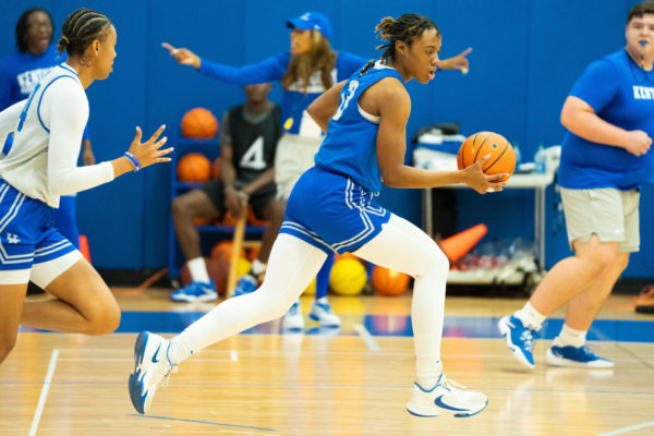 Kentucky forward Ajae Petty dribbles the ball up the court during the Kentucky womens basketball open practice on Tuesday, Sept. 26, 2023, at the Joe Craft Center in Lexington, Kentucky. Photo by Travis Fannon | Staff