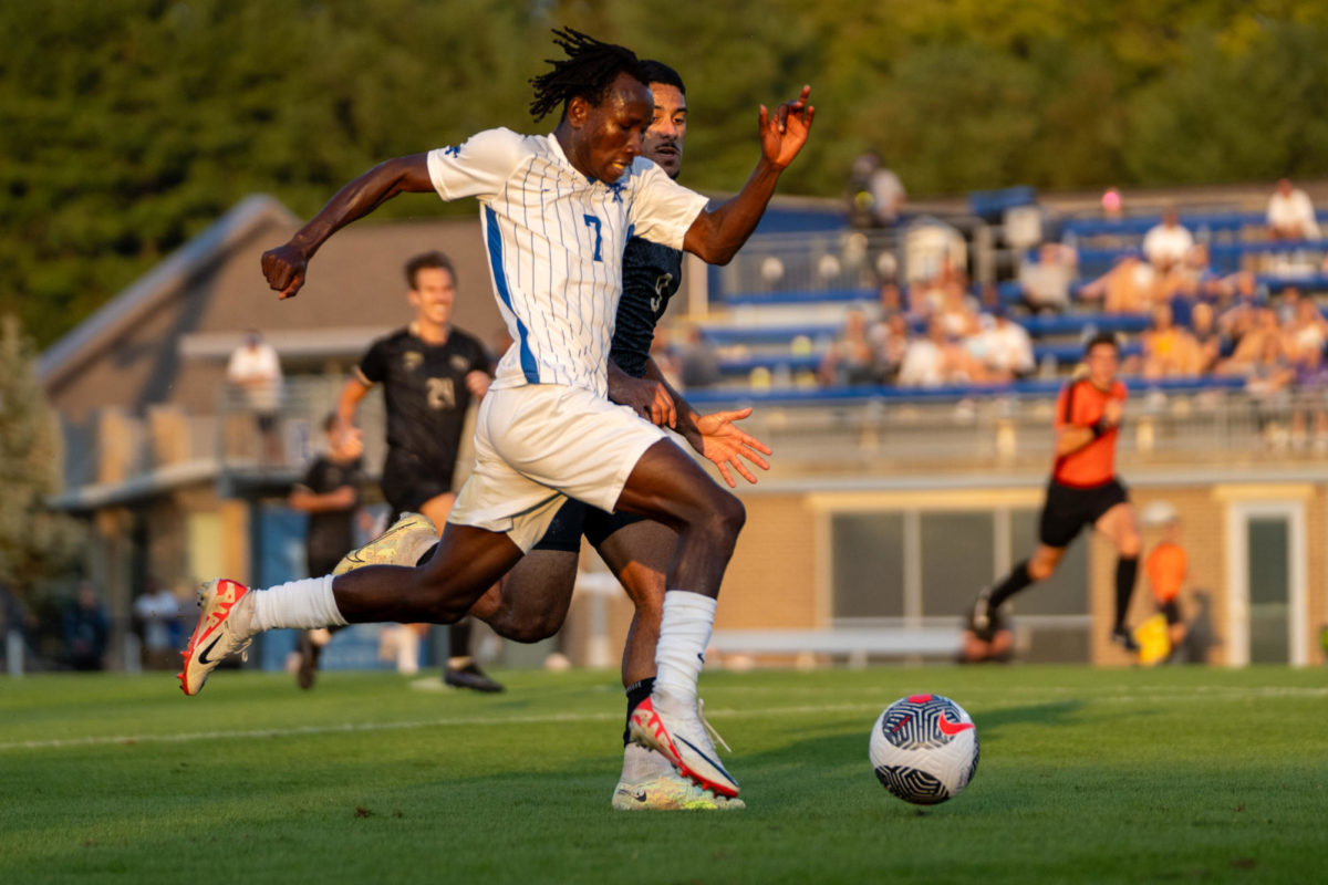Kentucky midfielder Alfred Baafi dribbles the ball during the Kentucky vs. UCF mens soccer match on Friday, Sept. 29, 2023, at the Wendell and Vickie Bell Soccer Complex in Lexington, Kentucky. Kentucky lost 1-0. Photo by Travis Fannon | Staff