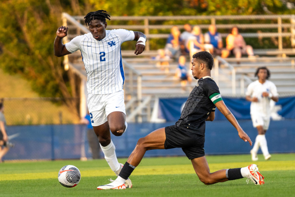 Kentucky defender Josh Gordon dribbles the ball during the Kentucky vs. UCF mens soccer match on Friday, Sept. 29, 2023, at the Wendell and Vickie Bell Soccer Complex in Lexington, Kentucky. Kentucky lost 1-0. Photo by Travis Fannon | Staff