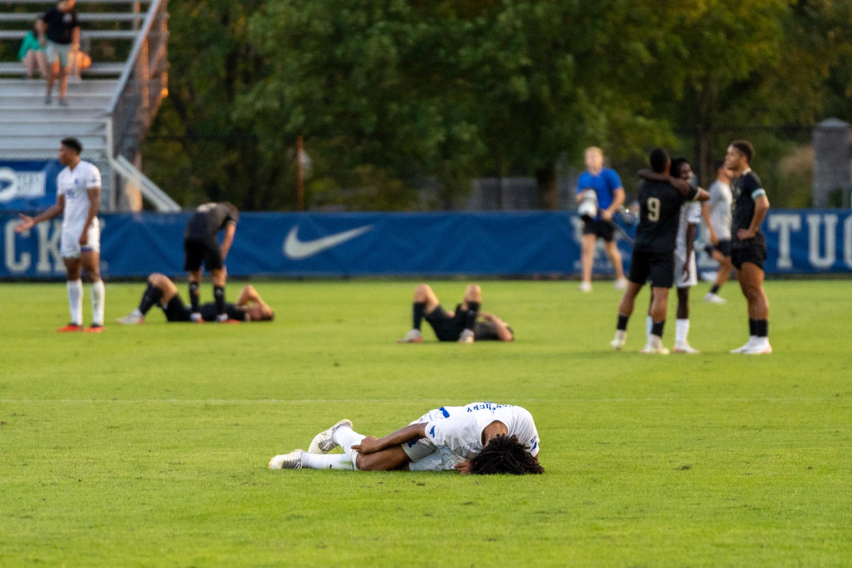 Kentucky midfielder Marqes Muir lays on the pitch in defeat after the Kentucky vs. UCF mens soccer match on Friday, Sept. 29, 2023, at the Wendell and Vickie Bell Soccer Complex in Lexington, Kentucky. Kentucky lost 1-0. Photo by Travis Fannon | Staff