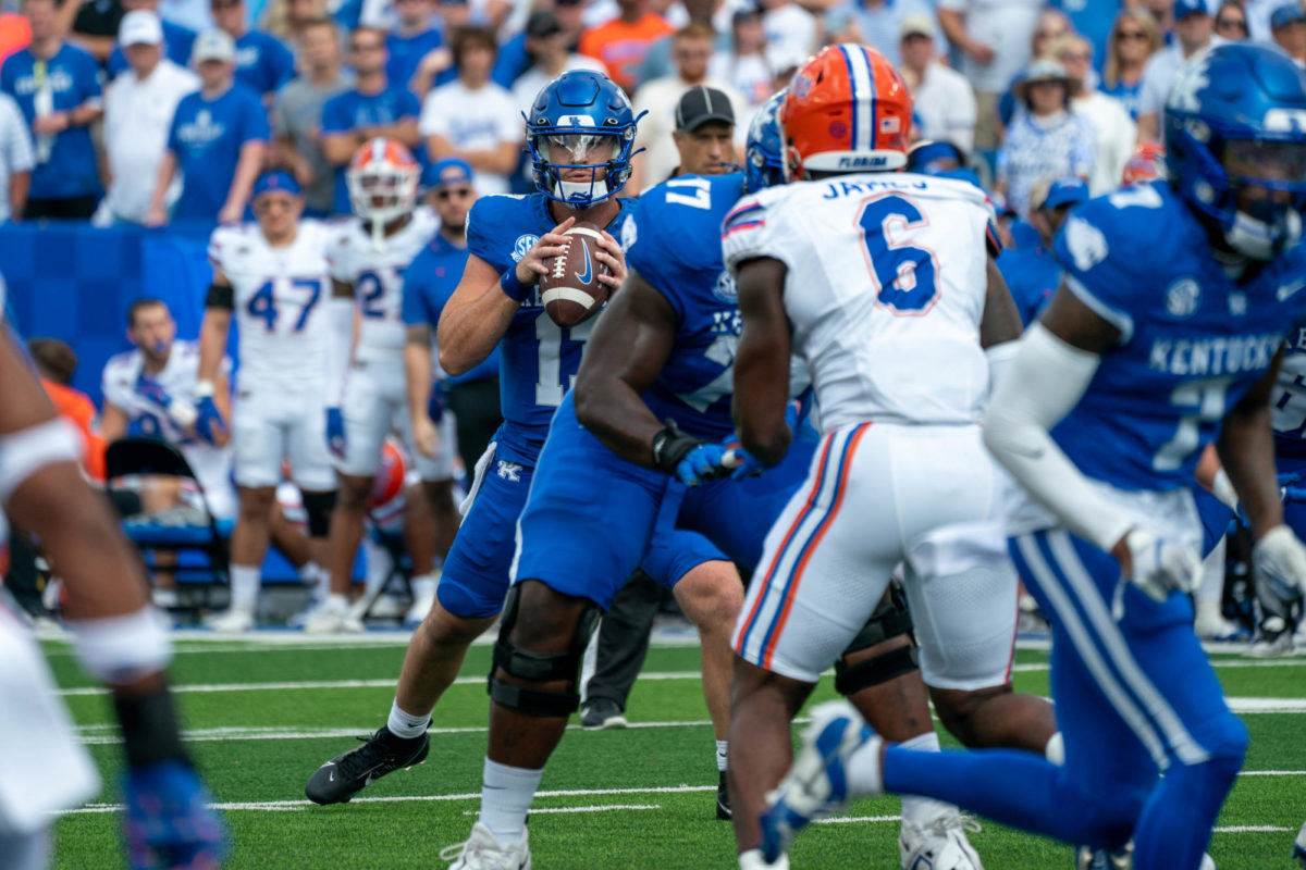 Kentucky quarterback Devin Leary looks to pass the ball during the Kentucky vs. Florida football game on Saturday, Sept. 30, 2023, at Kroger Field in Lexington, Kentucky. Kentucky won 33-14. Photo by Travis Fannon | Staff