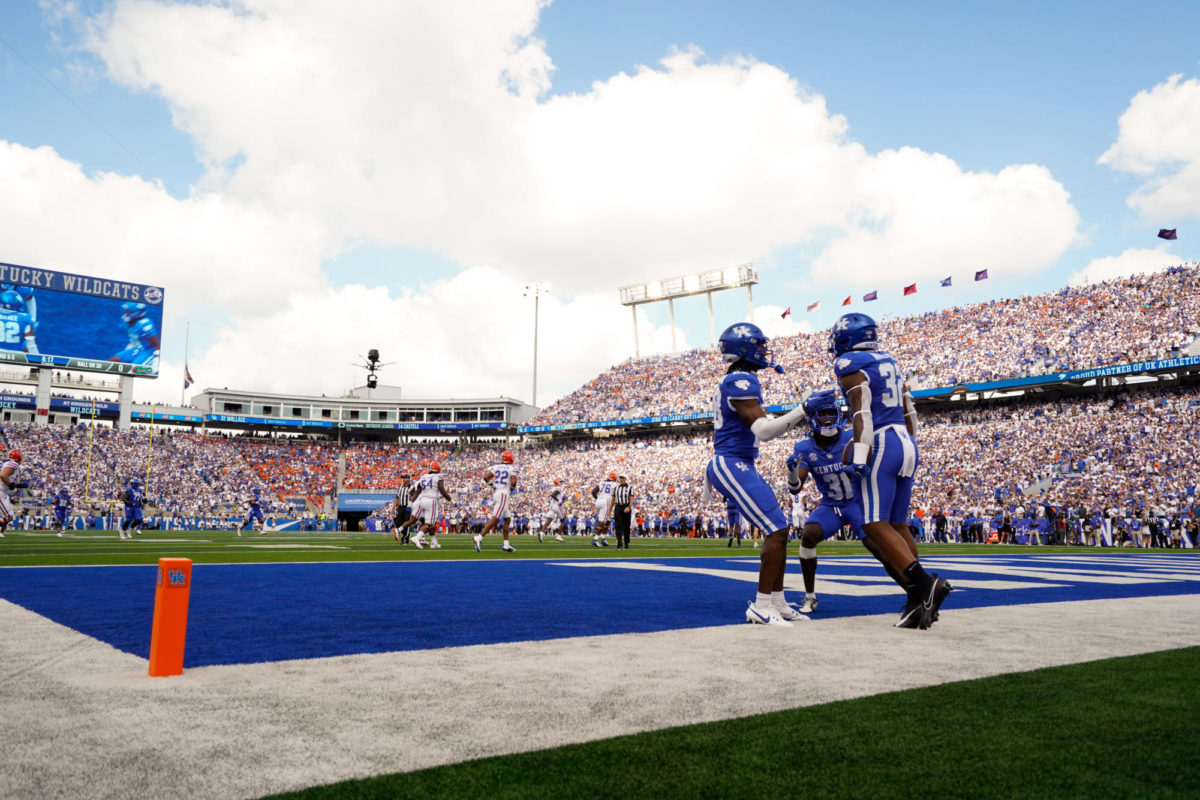 Kentucky players celebrate a touchdown during the Kentucky vs. Florida football game on Saturday, Sept. 30, 2023, at Kroger Field in Lexington, Kentucky. Kentucky won 33-14. Photo by Travis Fannon | Staff