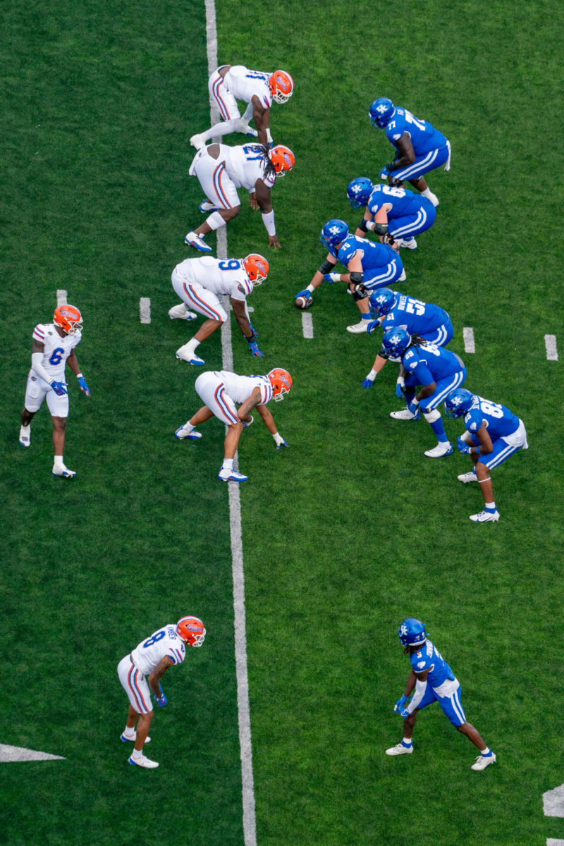 Players line up at the line of scrimmage during the Kentucky vs. Florida football game on Saturday, Sept. 30, 2023, at Kroger Field in Lexington, Kentucky. Kentucky won 33-14. Photo by Savanna Emrick | Staff